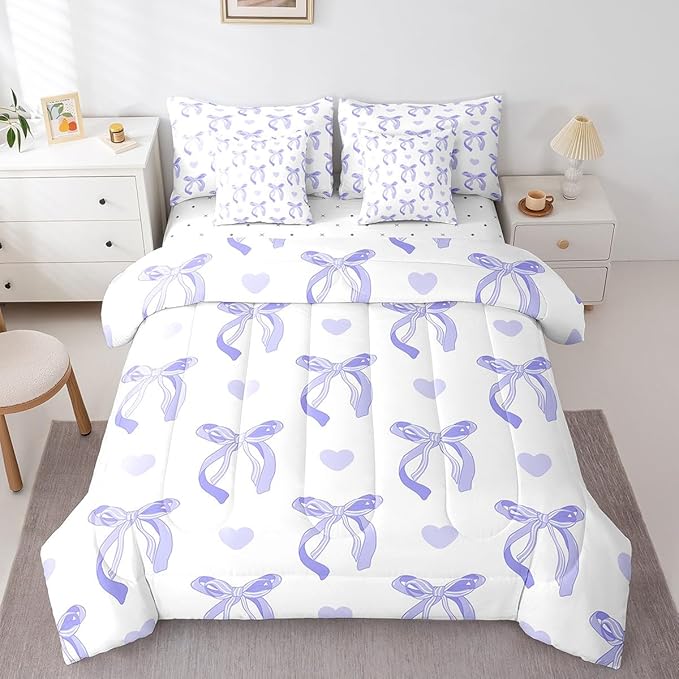 jejeloiu Cute Purple Bow 7 Piece Bedding Set Full Size Ribbon Bow Comforter Set with Sheets for Kids Women Cartoon Love Heart Bed in a Bag Purple White Bed Set