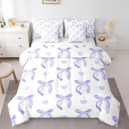 jejeloiu Cute Purple Bow 7 Piece Bedding Set Full Size Ribbon Bow Comforter Set with Sheets for Kids Women Cartoon Love Heart Bed in a Bag Purple White Bed Set