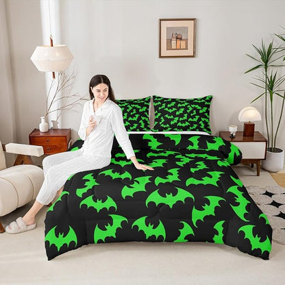 Erosebridal Green Bat Toddler Comforter Halloween Bat Bedding Set Spooky Goth Gothic Animal Duvet Insert Horror Halloween Bed Sets for Kids Teens Adults