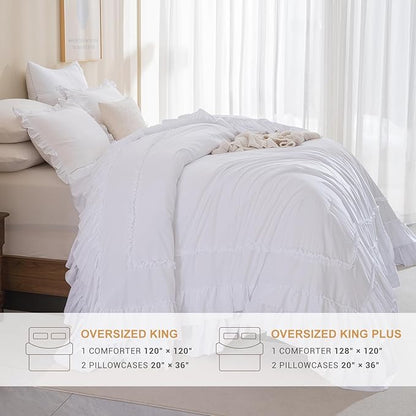 CozyTide White Oversized King Comforter 120x120,Cotton Farmhouse Shabby Boho Chic Ruffle California King Bed Comforter French Country Rustic Bedding 3PCS (1 Ruffled Comforter+2 Pillow Shams)