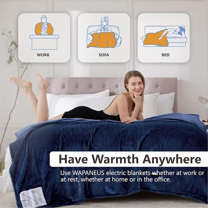 Wapaneus Heated Blanket Electric King Size 90"x100"-Dual Control with 10 Heat Levels 12 Timer Settings and 8 Hours Auto-Shut Off,Fast-Heating Electric Blanket,ETL Listed Machine Washable,Dark Blue