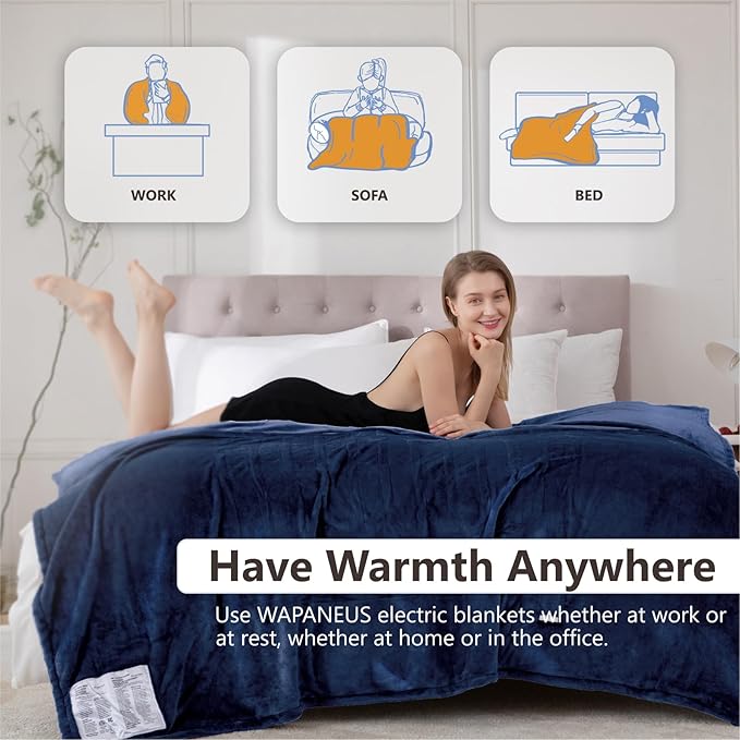 Wapaneus Heated Blanket Electric Blanket 72" x 84" Full Size with 10 Heating Levels and 12 Hours time Settings, Flannel Fast-Heating Electric Blanket, ETL Listed, Machine Washable,Dark Blue