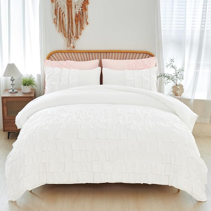 PERFEMET White Twin Comforter Set, 3 Pieces Ruffled Comforter Sets Boho Vintage Farmhouse Shabby Chic Bedding, All Season Soft Lightweight Bed Set for Bedroom (White,Twin)