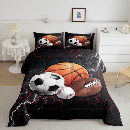 Feelyou Basketball Comforter Set Toddler Size Rugby Sports Comforter for Boys Girls Teens Football Bedding Set Baseball Duvet Set Room Decor Balck Red Mixed Ball Quilt Set
