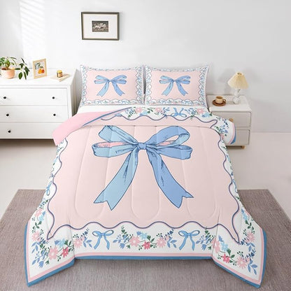 Feelyou Bow Kids Comforter Set Twin Size Floral Bedding Set Pink Blue Duvet Quilt for Kids Boys Girls Bedroom Cute Bowknot Decor Kawaii Microfiber Ultra Soft Breathable