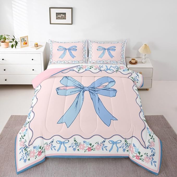 Feelyou Bow Kids Comforter Set Full Size Floral Bedding Set Pink Blue Duvet Quilt for Kids Boys Girls Bedroom Cute Bowknot Decor Kawaii Microfiber Ultra Soft Breathable