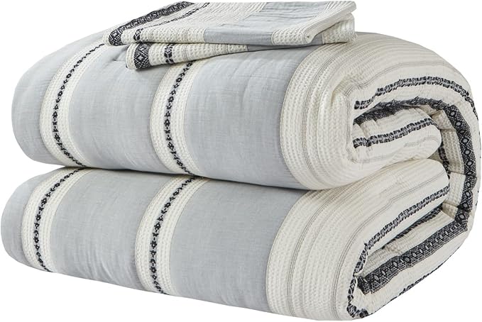 Hyde Lane Modern Farmhouse Comforter Set – King Size, 3-Piece Indigo Blue Striped Cotton Comforter with Matching Pillow Shams, Luxuriously Soft All-Season Bedding