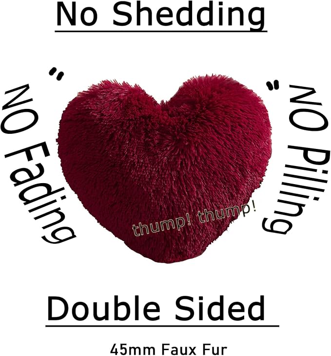 MorroMorn Fluffy Heart Throw Pillows, Shaggy Decorative Pillow for Sofa Couch Bed, Cute Room Decor Decorations for Women Girls Kids (Dark Red)