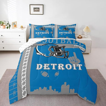 Feelyou Football Bedding Set Boys Girls Twin Size Women Men Rugby Sports Comforter Football City Duvet Quilt Gray Blue Room Decor