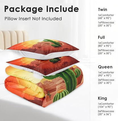 Comforter Set Queen Size, Cactus Mountains Sun 3 Pcs Soft Bedding Set for Kids and Adults, Summer Sunset Plant Comforter Set with 2 Pillowcases, for Bedroom Bed Decor