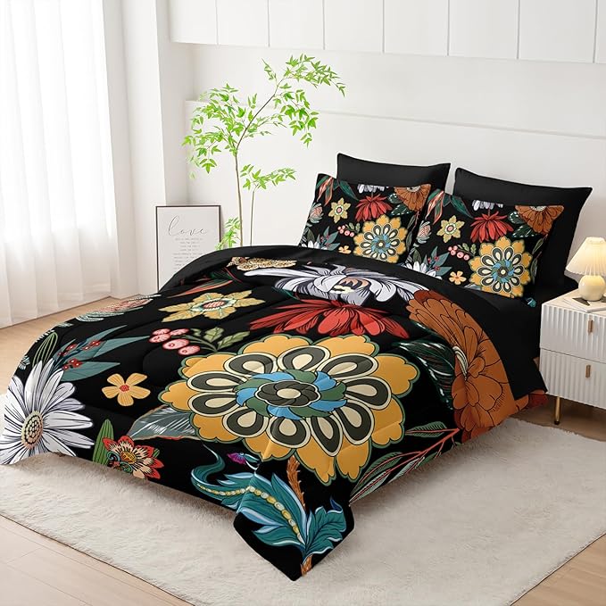 7 Pieces Colorful Floral Comforter Set,Bohemian Botanical Bedding Set King Size,Boho Farmhouse Flower Leaves Printed on Black Design,All Season Lightweight Soft Microfiber Bedding Set