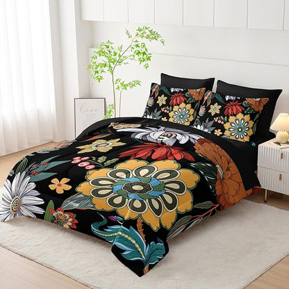 7 Pieces Colorful Floral Comforter Set,Bohemian Botanical Bedding Set King Size,Boho Farmhouse Flower Leaves Printed on Black Design,All Season Lightweight Soft Microfiber Bedding Set