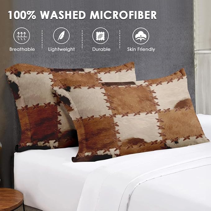 Queen Size Comforter Set with 2 Pillowcases, Retro Vintage Rustic Cow Print Soft 3 Pcs Bedding for Kids and Adults Bedroom Bed Decor