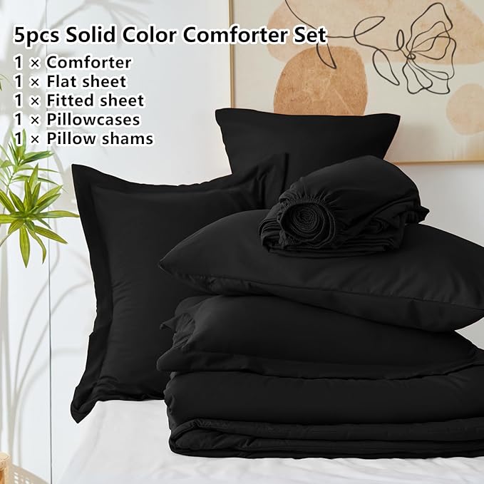 CozyLux Twin Comforter Set Black, 5 Pieces Bed in a Bag Twin Comforter Set with Sheets, All Season 5PC Bed Sets with Down Alternative Comforter, Fitted Sheet, Flat Sheet, Pillow Sham and Pillowcase