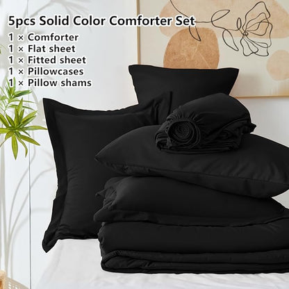 CozyLux Twin Comforter Set Black, 5 Pieces Bed in a Bag Twin Comforter Set with Sheets, All Season 5PC Bed Sets with Down Alternative Comforter, Fitted Sheet, Flat Sheet, Pillow Sham and Pillowcase