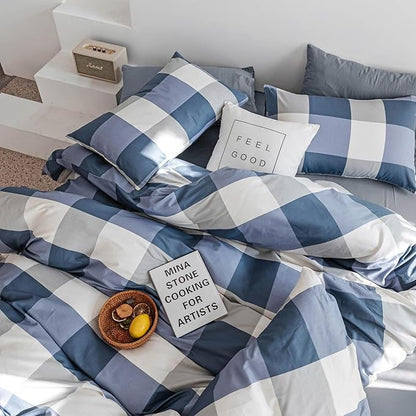 mixinni Full Comforter Set Soft Fluffy Modern Style Checkered Pattern Comforter for Boys Mens, 1 Blue White Grey Geometric Comforter and 2 Pillowcases, All Seasons-Full Size