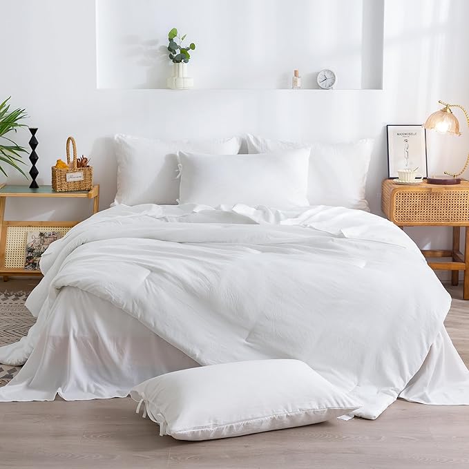 COTTEBED Ultra-Soft Twin Comforter Set with Sheets - 5 Pieces Bed in a Bag Twin Down Comforter & Bedding Sheet Sets, Lightweight Cozy Washed Polycotton for Kids Boy Girls Children All Season, White