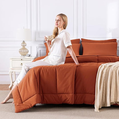 CozyLux Full Size Comforter Sets Terracotta, 7 Pieces Bed in a Bag, Burnt Orange Fall Comforter Full Size, All Season Bedding Sets with Stitch Quilted Comforter, Flat Sheet, Fitted Sheet, Pillowcases