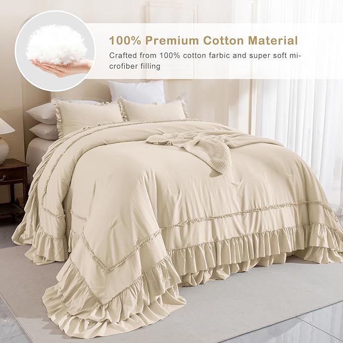 CozyTide Ruffle Oversized King Comforter 120x120,Farmhouse Shabby Boho Chic Bedding Cotton French Country Rustic Ruffled California King Comforter Set 3PCS