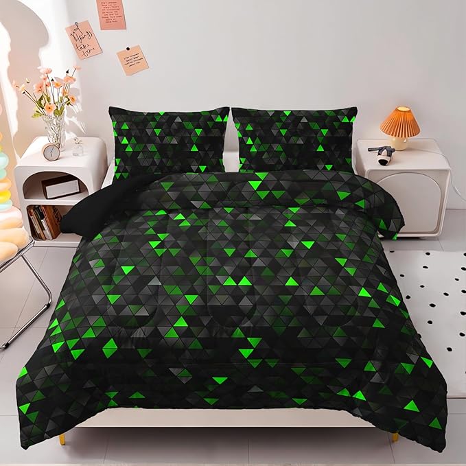 Geometric Green Black Comforter Set,Triangle Honeycomb 3 PCS Bedding Set Full Size for Teen Adult,Modern Quilt Set Geometry Decor,Microfiber Lightweight 1 Comforter 2 Pillowcases