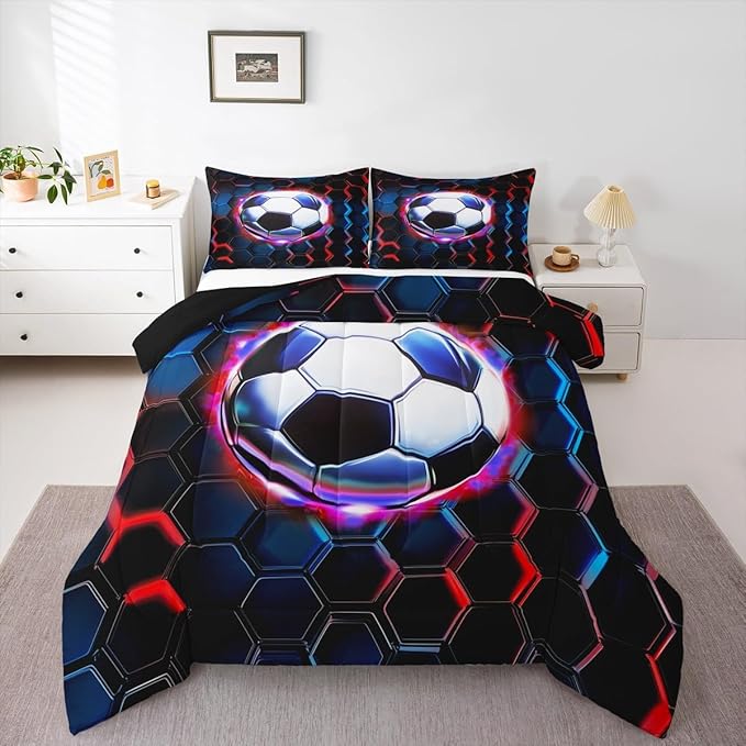 Manfei Football Kids Comforter Set Full Size,Soccer Game Ball Sports Bedding Set,Girls Boys Room Decor,Geometric Honeycomb Hexagon Quilt Comforter,Black Red Duvet Set Bedroom Quilt Set,2 Pillowcases