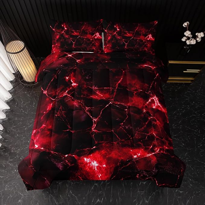 Red Comforter Set King Size，Red Marble Bedding Set 3 Pcs Bedding for Adults, Marble Room Decor with Comforter and 2 Pillowcases Soft and Lightweight B-Side Black