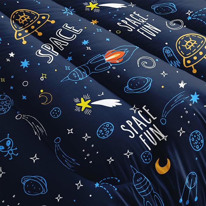 Outer Space Comforter Sets Full Size，Bedding Sets for Kids,Cartoon Rocket and Flying Boat Comforter Sets All Season 1 Comforter and 2 Pillowcases