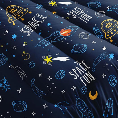 Outer Space Comforter Sets Full Size，Bedding Sets for Kids,Cartoon Rocket and Flying Boat Comforter Sets All Season 1 Comforter and 2 Pillowcases