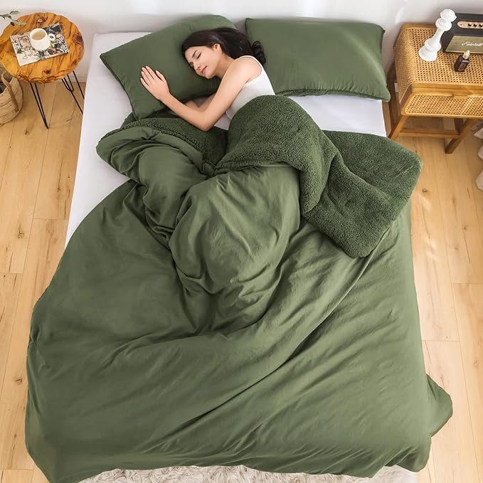 COTTEBED King Comforter Set - Soft Sherpa Down Alternative with Pillowshams, Washable (Olive Green)
