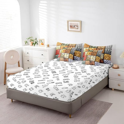 Pixelated Themed Games 7Pcs Comforter Set Twin Size,Miner Video Games Bedding Sets for Kids Boys Teens Men Bedroom Decor,Geometric Grid Wall Fitted Flat Sheet Brown Grey 2 Throw Pillow,2 Pillowcases