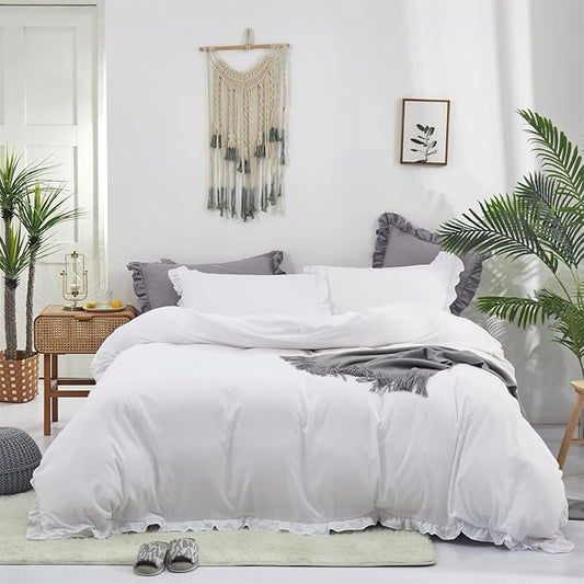 KAREVER White Ruffled Comforter Set Full Size Bedding Set Women Ruffles Blanket Set Girls Farmhouse Ruffle Fringe Design Boys 3 Pieces Solid White Ruffled Bedding Set