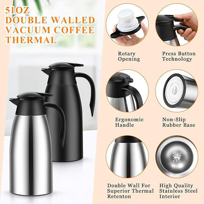Norme 2 Pcs Thermal Coffee Carafe Insulated Stainless Steel Coffee Carafe for Hot Liquid Vacuum Thermal Pot Creamer Pitcher Dispenser with Brushes Keeping Hot Water Milk(Black, Silver,51 oz)