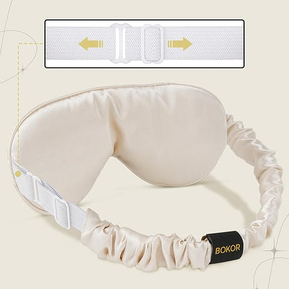 BOKOR Adjustable Silk Sleep Eye Mask for Women and Men, Luxury Mulberry Silk Eye Cover, Light-Blocking Improve Sleep Quality,with Travel Bag - Champagne