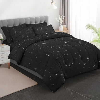 Comforter Set Queen Size, Space Starry 7 Pcs Bedding for Kids and Adults, Star Sky Bed Sheet Sets with Fitted Sheet 2 Pillowcases & 2 Shams for Bedroom Bed Decor