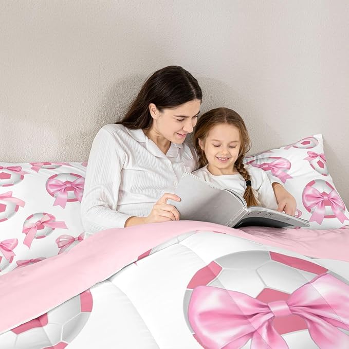 Bowknot Soccer Comforter Set Queen Size,Pink Bow Knot Print Bedding Sets 3Pcs for Kids Girls Women Room Decor,Ball Sport Games Theme Quilted Duvet Cute Cartoon Girly Down Comforter,2 Pillowcases