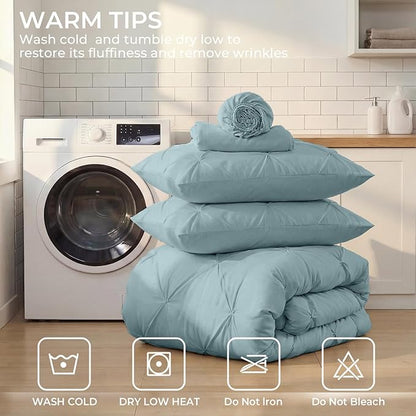 Sasttie Twin XL Comforter Set, 5-Piece Bed in a Bag, Pintuck Bedding Sets for All Season, Includes Comforter, Flat Sheet, Fitted Sheet, Pillowcase and Pillowsham, Greylish Blue