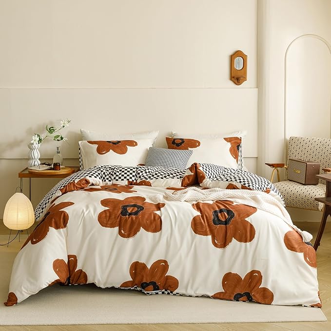 CLOTHKNOW Brown Floral Queen Comforter Set 3Pcs Sunflower Bedding Comforter Sets Black White Plaid Comforter Botanical Comforters with 2 x Pillow Cases