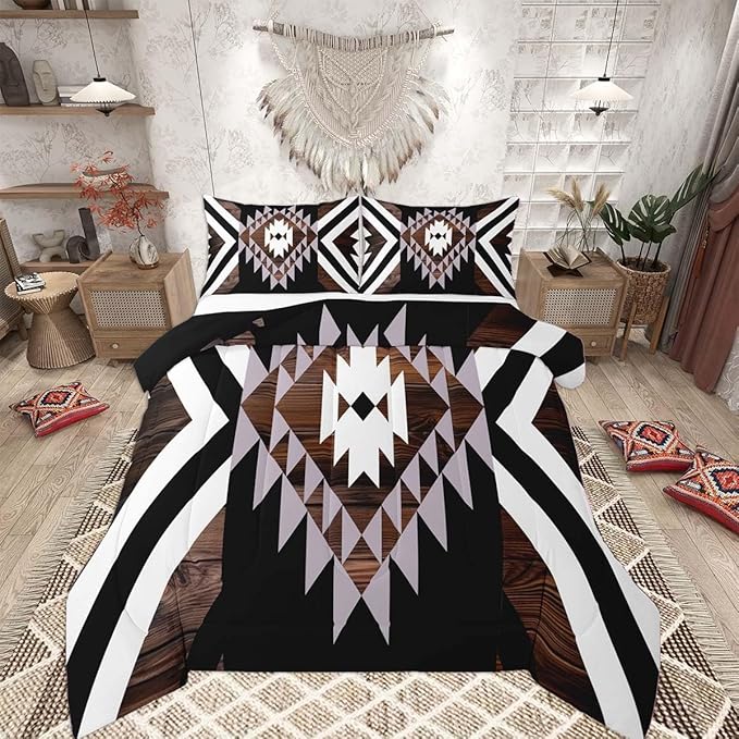 Feelyou Black Brown Rustic Western Bedding Set Twin Size Southwestern Aztec Tribal Comforter Set for Boys Girls Vintage Geometric Duvet Quilt Soft