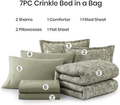 MaiRêve Queen Comforter Set Olive Green, Crinkle Textured Design Bedding Set 7 Pieces Bed in A Bag, All Season Farmhouse Comforter Set with Sheets, Pillowcases & Shams
