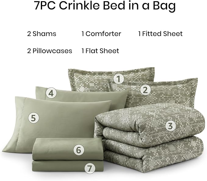 MaiRêve Full Size Comforter Set Olive Green, Crinkle Textured Design Bedding Set 7 Pieces Bed in A Bag, All Season Farmhouse Comforter Set with Sheets, Pillowcases & Shams