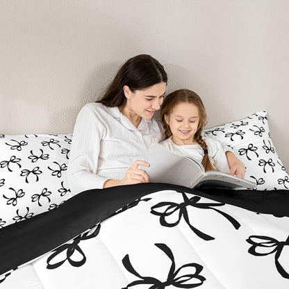 Erosebridal Bowknot Comforter Set Twin Black Watercolor Bow Bedding Set for Kids Teen Adults,Fashion Coquette Bowknot Down Comforter Black White Modern Simple Quilt for All Season