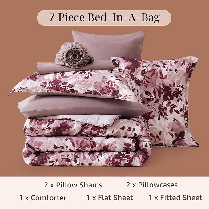 CASAAGUSTO King Comforter Set, 7 PCS Purple Willow Leaf Floral Comforter Set with Flowers Leaves Pattern, Soft Seersucker Design All Season King Size Bedding Set(102"X90")