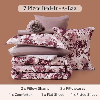 CASAAGUSTO King Comforter Set, 7 PCS Purple Willow Leaf Floral Comforter Set with Flowers Leaves Pattern, Soft Seersucker Design All Season King Size Bedding Set(102"X90")