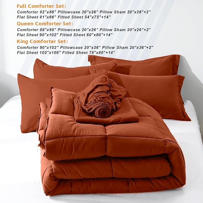 COZYART Queen Comforter Set 7 Pcs, Burnt Orange Bed in a Bag, All Season Lightweight Soft Reversible Bedding Set, 1 Comforter, 1 Flat Sheet, 1 Fitted Sheet, 2 Pillow Shams, 2 Pillowcases