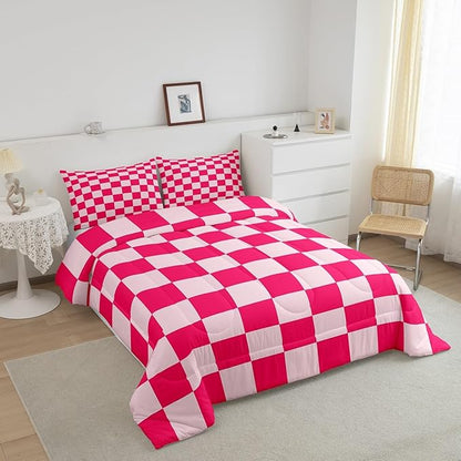 Feelyou Checkered Bedding Set Teen Women Boho Modern Cute Aesthetic Decorative Girly Comforter Set Full Size Kids Boys Girls Geometric Chic Duvet Insert Pink White Plaid Room Decor