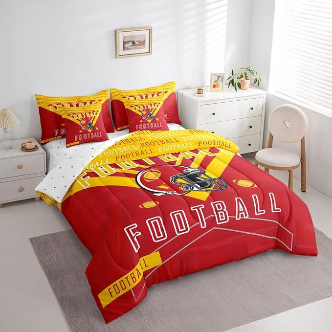 Feelyou Football 7 Pieces Comforter Sets Queen Size Rugby Sports Bedding Set for Boys Kids Teen Sports Theme Bed in a Bag with Comforter, Sheets, Pillowcases & Cushion Cover
