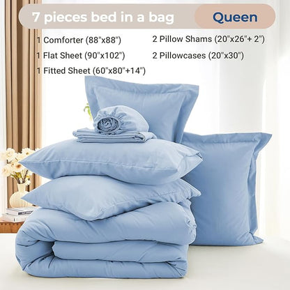 MUXHOMO 7 Pieces Queen Comforter Set, Soft Bed in a Bag Queen Size, All Season Bedding Set with Comforter, Flat Sheet, Fitted Sheet, Pillowcases & Shams, Greyish Blue