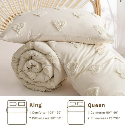 Tufted Comforter Set Full Size Beige Heart Boho Tufted Textured Bedding Set 3 Pieces Shabby Chic Embroidery Bed Set Soft Jacquard Comforter for All Season with 2 Pillowcases