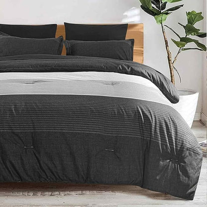 Faincy Queen Comforter Set, Grey & Black Patchwork Stripe Pattern Print Reversible Comforter - Size 90x90 3PC Soft Microfiber Duvet Sets Masculine Modern Bedding in a Bag for Women Men Teen, Gray
