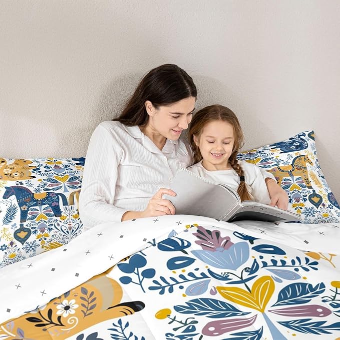 Floral Horse Comforter Set Twin Size,Rustic Squirrel Bird Bedding Sets 2Pcs for Kids Girls Boys Women Room Decor,Boho Flower Leaves Duvet Insert Scandinavian Style Down Comforter,1 Pillowcase